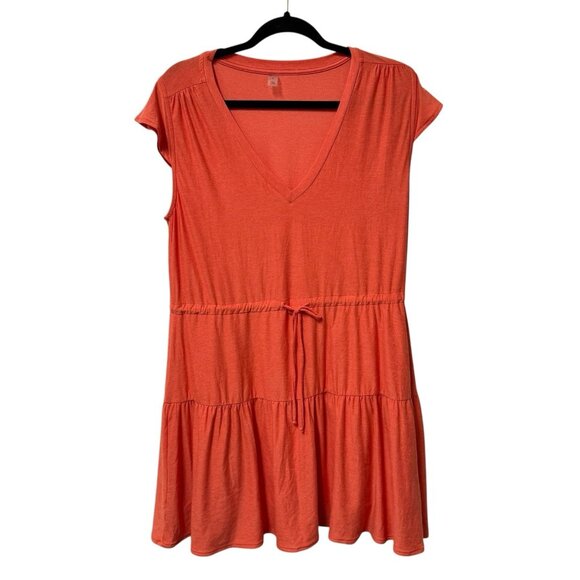 BEYOND YOGA FEATHERWEIGHT OUT AND ABOUT MINI DRESS SZ L ORANGE CORAL TIERED BOHO - Picture 1 of 7
